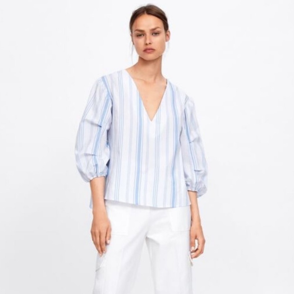 Zara Blue and White Striped Blouse